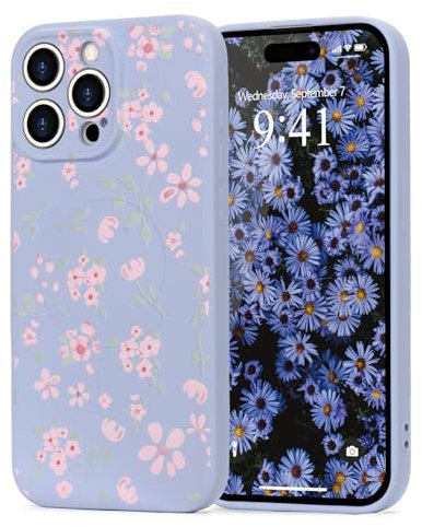 Wirvyuer Custodia magnetica per iPhone 13 Pro Max Cover con floreale motivo [Compatibile con MagSafe] Custodia antiurto silicone Cover per donne ragazze carina Case per iPhone 13 Pro Max Viola