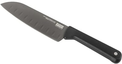 KUHN RIKON Iced Santoku Knife with Scalloped Blade and Weighted Handle. Total Length = 29.5cm. Blade Length = 16cm. Crafted from Ice Hardened German Stainless Steel. Durable and Corrosion Resistant.