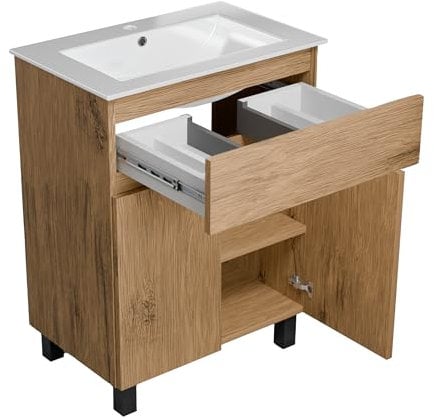 paplinskimoebel - Waschbecken mit Unterschrank 60 cm Breit Ariza Sink, Hängend oder Stehend, Waschtisch mit Unterschrank für Badezimmer, Waschbeckenunterschrank Holz/Eiche Lancelot