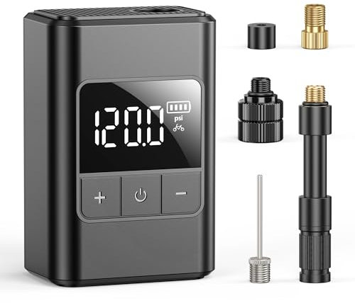 Pompe à Vélo Électrique Portable, Mini Gonfleur Velo Electrique,Livré avec 4 adaptateurs Type-C, Rechargeable 120 PSI avec Écran 1300mAh LED Digital, Vélo de Route et Ballons, Moto