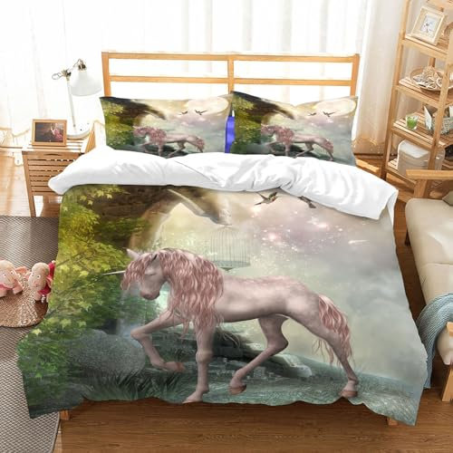 NIOYNJIS Bettwäsche Set 100% Baumwolle ist,Magisches Pferd im Himmel mit Schloss,und allem auch für Personen mit Hautsensibilisierung empfohlen 152x203cm