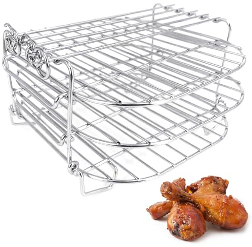 Welhammsae 3 Capas Rejilla para Freidora de Aire, Acero Inoxidable Accesorios Airfryer, Rejillas Apilables Air Fryer con Brochetas de 5 Kebabs para Freidora de Aire, Horno, Vaporera, Olla a Presión