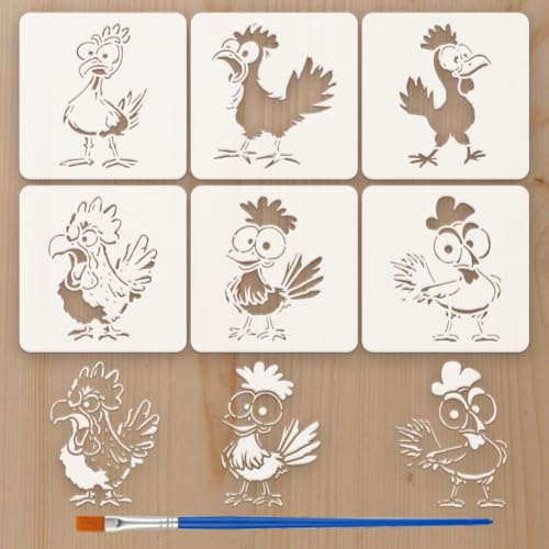 FINGERINSPIRE 6 süße Hühnerschablone Mit Kunststoffpinsel 15x15cm Cartoon Zeichenschablone Mit Lustigem Huhn Tiermotiv Vorlage Zum Zeichnen DIY Möbel Wand Und Bodendekoration