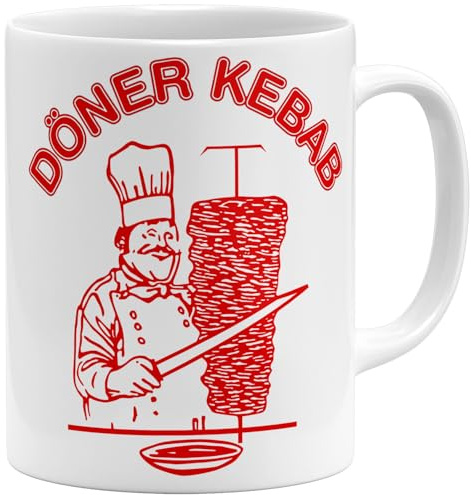 OM3® Döner Kebab Kaffee-Tasse Kult Logo Dönermann Drehspieß - Keramik Becher - 325ml - Beidseitig Bedruckt - Weiss