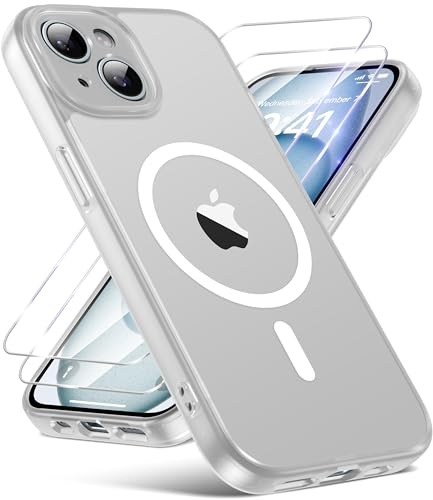FLLAO 3-in-1 Magnetische Hülle für iPhone 15 mit 2 HD Schutzfolien, Kompatibel mit Mag Safe, Stoßfeste und Kratzfeste Schutzhülle, Dünn Durchscheinende Matt Handyhülle, Halbtransparent