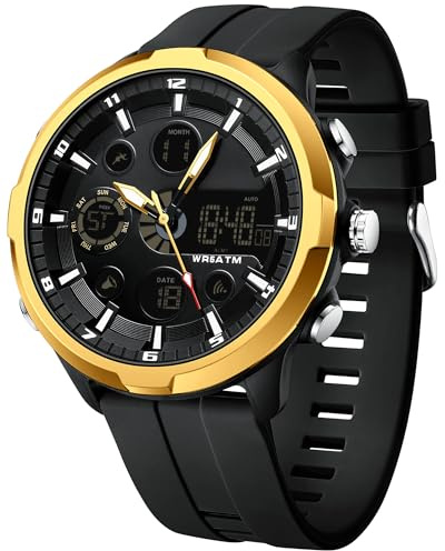 findtime Digitale Analoge Armbanduhr Herren Groß Zifferblat Sportlich Militär Herrenuhr Wasserdicht Led Beleuchtung Chronograph Stoppuhr Wecker Kalender Multifunktionale Uhren Robust Schwarz Gold