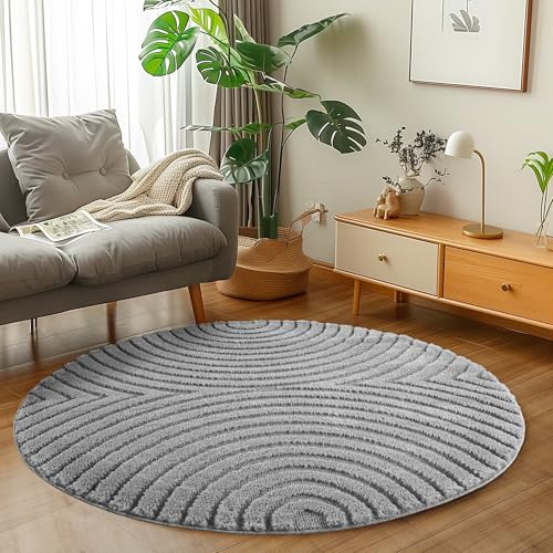 Carpetsale24 Wohnzimmer Teppich Rund 120 cm Grau Hochflor Skandi Boho Design Hoch-Tief Effekt Weicher Shaggy Langflor Flauschig Robust Pflegeleicht Modern für beistelltisch