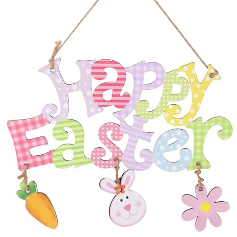 DINGFENG Osterdeko Türschild “Frohe Ostern” mit Hase - Wiederverwendbares Holzschild für Haustür, Fenster, Wanddeko - Frühlingsdeko, Osterdekoration Haus, Perfektes Ostergeschenk Ideen, Ostergeschenke