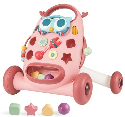 COSTWAY Lauflernwagen Baby, Lauflernhilfe mitovalem Spieler & Formen-Sortierer, Laufhilfe mit Rasseln, Perlen & gleitendem Vogel, Laufwagen für Kinder 10-36 Monate (Rosa)