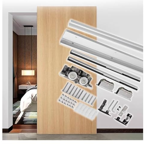 Kit de rails pour porte Kit de quincaillerie pour porte coulissante à effet miroir invisible sans rail, rail dissimulé pour porte de grange coulissante avec fermeture amortie(70.1in)