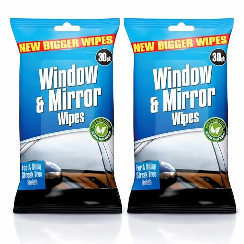 VR ANGEL 60 x Wipes Glass Cleaner Wipes for Windows Mirrors and Car Streak Free Cleaning Wipes for Household Surfaces Inside and Outside Use (2 x 30 pack)
