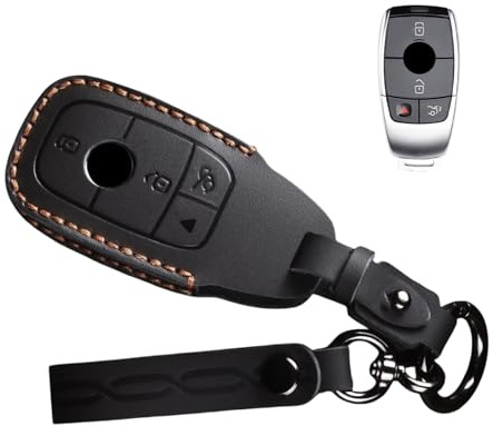 Jinhon Rindsleder Schlüssel Hülle Kompatibel mit Mercedes A C E S G Klasse GLK GLC CLE CLA GLE W177 W205 W213 W222 X167 AMG Schlüsselgehäuse Schlüsselanhänger Schutzetui Handgefertigt 4 Tasten Schwarz