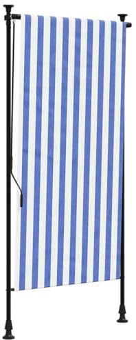 Fisinber Toldo lateral azul blanco 120 x 270 cm, manivela manual, acero y tejido resistente a los rayos UV de 180 g/m², altura ajustable 225-275 cm, protección solar para balcón, terraza, jardín