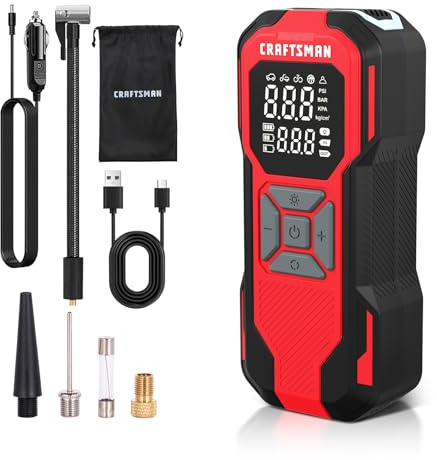CRAFTSMAN Tire Inflator Portable Air Compressor, Cordless Mini Air Pump for Car Tires with Digital Tire Pressure Gauge, 6000mAh Battery Powered Air Pump, Max Pressure 150 PSI, 12V DC Corded
