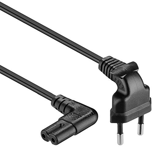 Netzkabel 1,50m schwarz, Eurostecker auf 2-Pin Euro Doppelbuchse C7, 90° abgewinkelt, für Flat-TVs, Monitore, Radios, etc