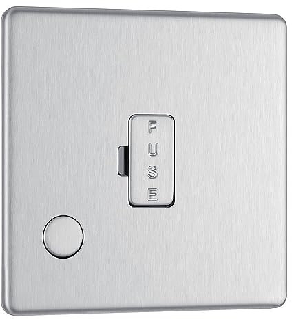 BG Electrical Unswitched Fused Spur Connection Unit with Flex Outlet, Double Pole, Screwless Front Plate, Slim Profile, Premium Flatplate, Brushed Steel, 13A, FBS55