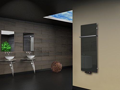 Badheizkörper mit Glas Design Montevideo 2 (Glasfront) 120x47cm 799 Watt anthrazit - moon +1 Halter 15mm SZAGATO Handtuchwärmer Handtuchtrockner Handtuchhalter Paneelheizkörper Flachheizkörper