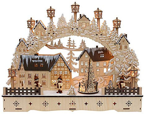 LED Holz Schwibbogen mit bewegtem Weihnachtsbaum, Motiv: Laternenkinder, L/B/H ca. 45 x 12 x 35 cm, für Batterie- oder Adapterbetrieb.