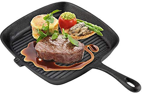 Sartén de hierro fundido cuadrada para carne, con mango y revestimiento antiadherente, de gas y de inducción, para casa y en restaurante, color negro, 24,2 x 23 x 3 cm