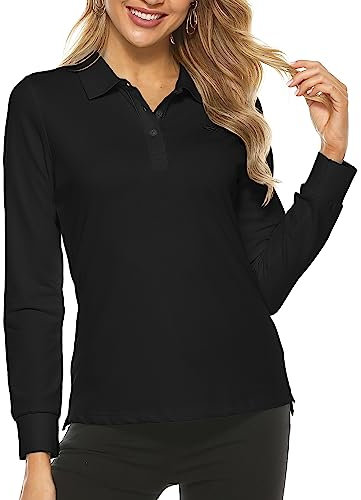 AIRIKE Women's Long Sleeve Polo Shirts Lady Fit Cotton Casual Golf Work Sports T-Shirts Black Size L