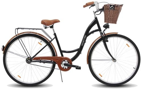 Goetze ECO 26 Zoll Damen Citybike, 17 Zoll Rahmen, Tiefeinsteiger, Rücktrittbremse & V-Brake, LED Beleuchtung, Gepäckträger, Komfortsattel & Schutzbleche, inkl. Abnehmbarer Rattan Korb