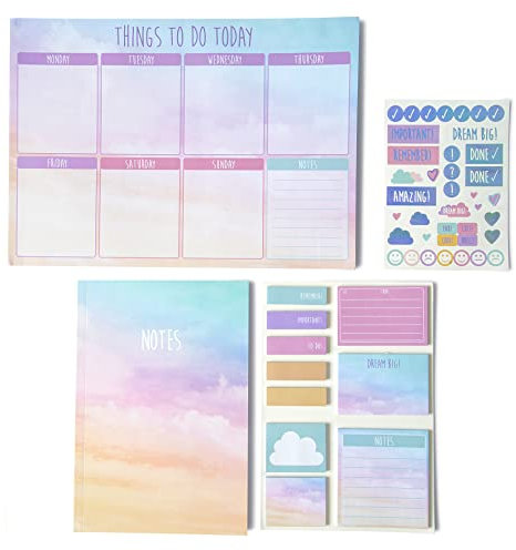 abeec Pastel Daily Planner Set – Stationery Supplies Including: 56 Sheet Weekly Planner, A5 Notebook, 10 x Assorted Sticky Notes Set and Planner Stickers