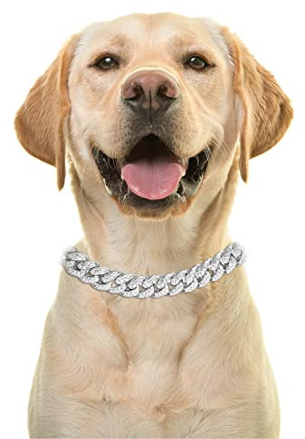 Halukakah Goldkette Iced Out für Hund,Diamant Kubanische Halskette Kragen 14MM Platin Weißgold Überzogen 50cm Größe L mit KOSTENLOSER Geschenkbox,Nur Dekoration