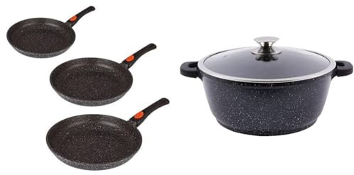 Kamberg 0008019 Manche Amovible, Fonte d'Aluminium, Revêtement type pierre, Tous feux dont induction, Sans PFOA, Poêles 20 / 24 / 28 cm, Lot de 3 & Faitout 28 cm - Couvercle en verre