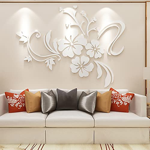 3D Adesivo da Parete Fiori Specchio DIY Adesivi Murali Acrilico Forma di Fiore Riflettente Adesivi Carta da Pareti Arte Decorativo per Camera da Letto Soggiorno Divano(Bianca XL:175cm * 233cm)