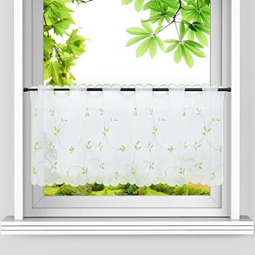 HeichkelL Voile Scheibengardine Blätter Stickerei Bistrogardine Landhausstil Kurzstores für Küche Bestickter Kurzvorhang Stangenlöcher Grün HxB 30x90 cm