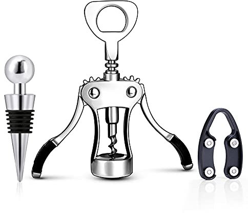 Drincarier Stainless steel opener for wine, cork screw, bottle opener with foil cutter, wine stopper (01 corkscrew with metal stopper)