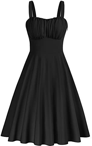 Belle Poque Women's 50s Elegant Vintage Solid Color Sleeveless Ruched Front A-Line Dress for Vocation Black 380-02 L