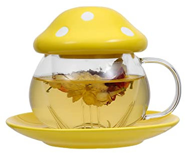 Digoon Mushroom Cup Glass Tea Cup with Lid Tray Strainer Filter Infuser for Loose Leaf Tea Cute Tea Mug in Color Printing Gift Box 11oz (Yellow)