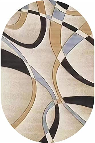 SRTJURFG Modern Designer Oval Groß Teppiche Kinderteppiche Wohnzimmer Flauschige Groß Schutzmatten Geometrische Cremebraun-Schwarz-Streifen, 70 x 140 cm