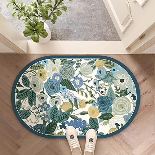 Diatom Mud Badezimmerteppich Retro Floral Super Absorbent Floor Mat Schnelltrocknend Rutschfest Nordic Style Naturkautschuk Fußmatte Badematte Teppiche (40,6 x 61 cm, Marineblau)