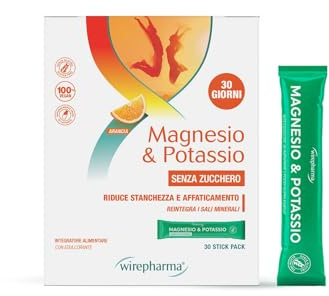 WIREPHARMA Magnesio e Potassio Senza Zucchero - VEGAN - 30 Bustine Monodose Pronte all’Uso – Integratore Alimentare Energizzante per Sportivi e Contro Stanchezza e Affaticamento – Rapido Assorbimento