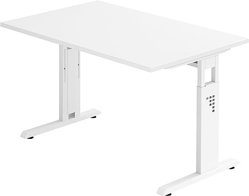 bümö höhenverstellbarer Schreibtisch O-Serie 120x80 cm in weiß, Gestell in weiß - PC Tisch klein für's Büro manuell höhenverstellbar, Computertisch verstellbar