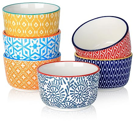 Selamica Creme Brulee Schälchen, 237 ml Keramik Kleine Auflaufform, Souffle Förmchen Backofenfest für Souffle, Pudding, kleine Schüssel für Eisdip, 6 Stück, Bunte