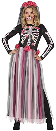 FIESTAS GUIRCA Déguisement de squelette roses Jour des morts - Robe longue avec voile de fleurs pour Halloween pour femme