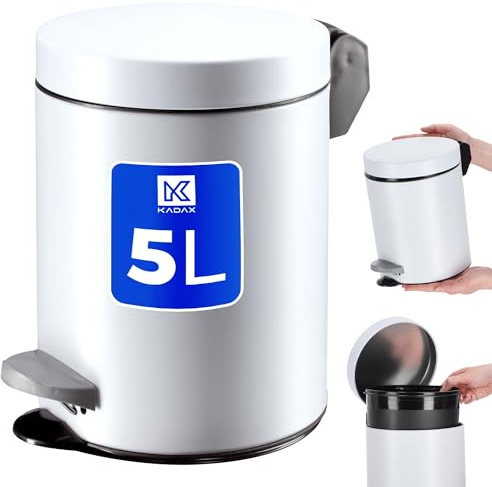 KADAX Tretmülleimer, Mülleimer mit Fassungsvermögen Stahl Kosmetikeimer, Runder Abfalleimer, Eleganter Eimer für Bad und Küche, Schwingdeckeleimer (5L / Weiß)