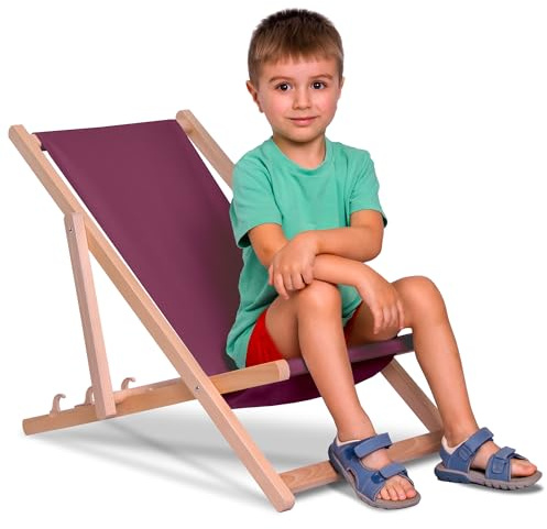 DreamRoots Kinder Liegestuhl Holz klappbar Outdoor, Burgundy | Klappbarer Campingstuhl, faltbar, für Garten & Strand, bis 130 kg, waschbarer Bezug, 100% Polyester, UV-beständig