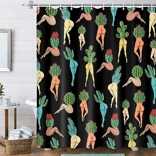 Xguatan Rideau de douche amusant en tissu motif cactus, mignon et sexy, style années 70, 80, hippie, psychédélique, coloré, unique, cool en tissu noir, 152,4 x 178,8 cm