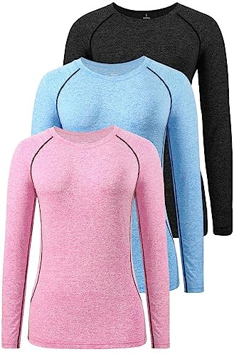Star Vibe 3 Pack Dry Fit Long Sleeve Tshirt for Women Moisture Wicking Long Sleeve Tee Outdoor Compression Running Workout Tops Black/Blue/Pink M