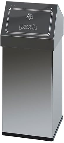 PROREGAL Eckiger Edelstahl Abfallbehälter Haiti mit Push-Deckel | 55 Liter, HxBxT 77x30x30cm | Silber