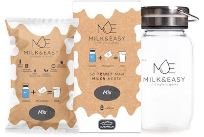 Starter Set Milk&Easy - mit Milchflasche: Mix Box (Probierpaket) - H-Milch Pulver Vollmilch 6er Pack Starter Set - Alpenmilch Camping haltbar