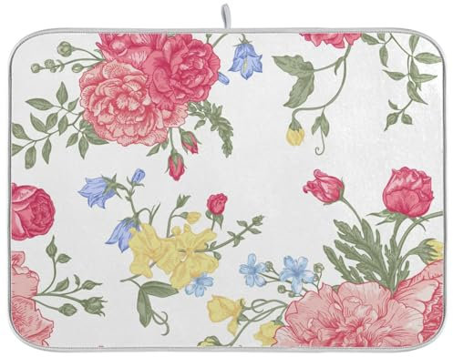 Abtropfmatte mit Blumenmuster, Blumenstrauß, bunte Blumen, Rose, Mikrofaser, super saugfähig, weich, mittelgroß, 40,6 x 45,7 cm, für Küchentheken, Restaurants, Kaffee-Bars
