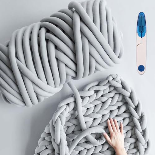 25M Sperrige Armstricken Wolle: Grob Gestrickte Kuscheldecke ca 500g, Roving Garn zum Handstricken Häkeln, Grobstrick Weiches Wollgarn für DIY Handgefertigte, Decke, Haustier Bett Sofa(Hellgrau)