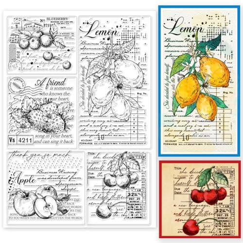 GLOBLELAND Transparente Stempel Mit Vintage Frucht Hintergrund Und Grunge Motiven Für DIY Scrapbooking Retro Wörter Silikon Stempelsiegel 21x15 cm Für Karten