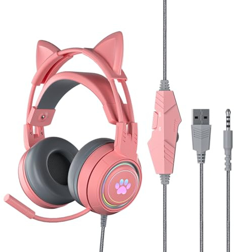 Ulafbwur SY-G25 Wired Gaming Headset with RGB Lighting, Omni-Directional Mic, Over-Ear, Pink
