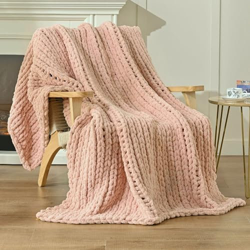 Esterra Chunky Knit Blanket Throw 60x80, 100% Hand Knitted Chenille Throw Blanket, Cozy Soft Thick Cable Knit Throw Large Rope Knot Crochet Throw Blanket for Sofa Couch Bed, Dusty Pink